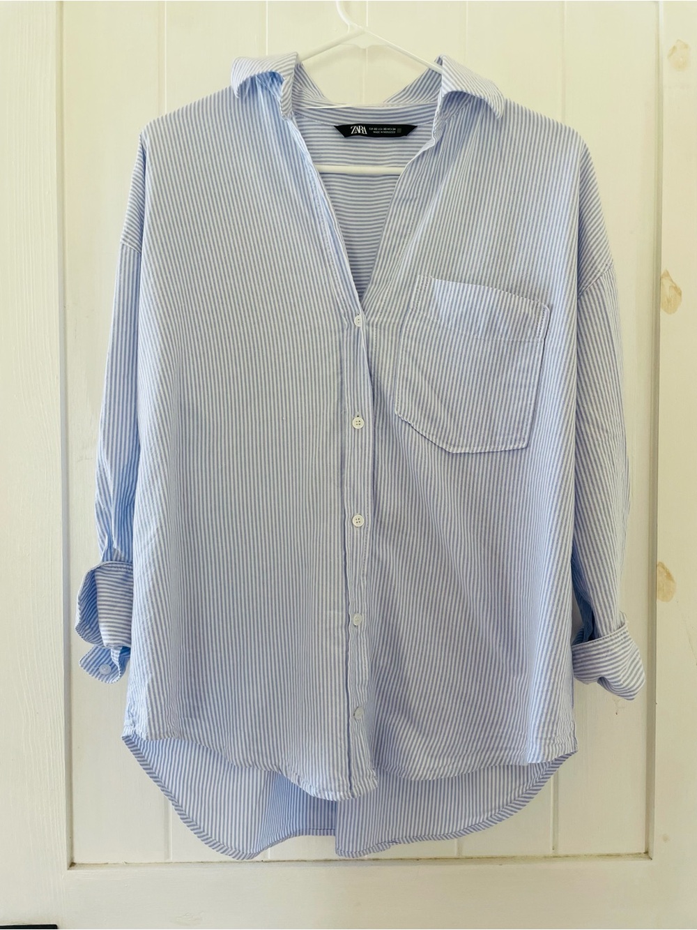 Zara Oversized Striped Button Up Shirt Women’s XS Blue White Cotton Relaxed